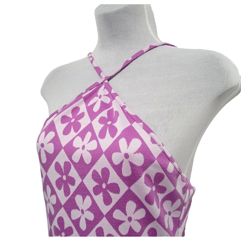 Forever 21 Retro Daisy Y2K halter Dress M Checkerboard Purple mod flower power - Picture 3 of 11